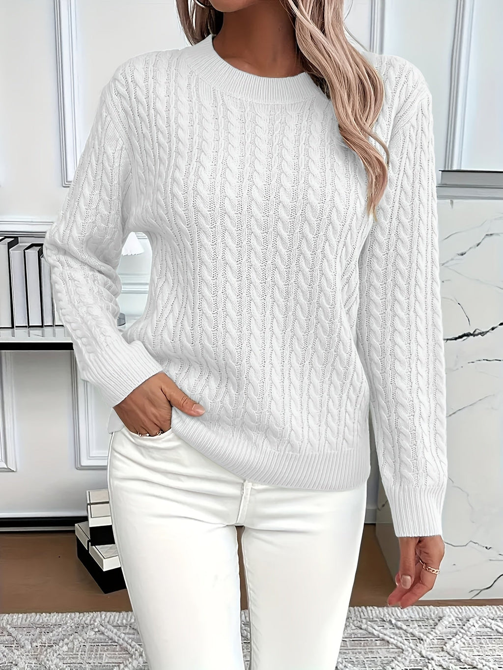 Aurore Cable Knit Ribbed Round Neck Sweater - view 14