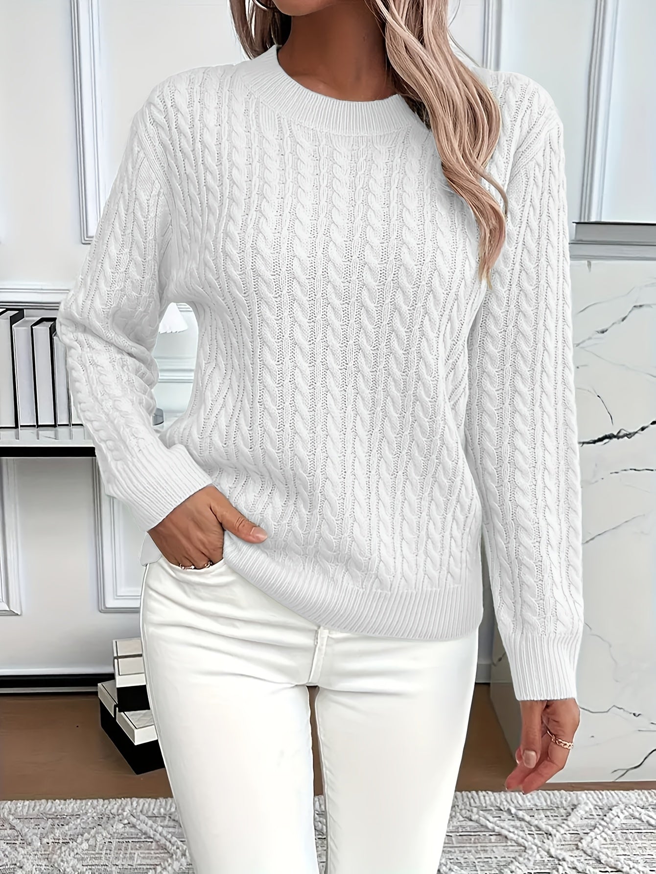 Aurore Cable Knit Ribbed Round Neck Sweater - view 14