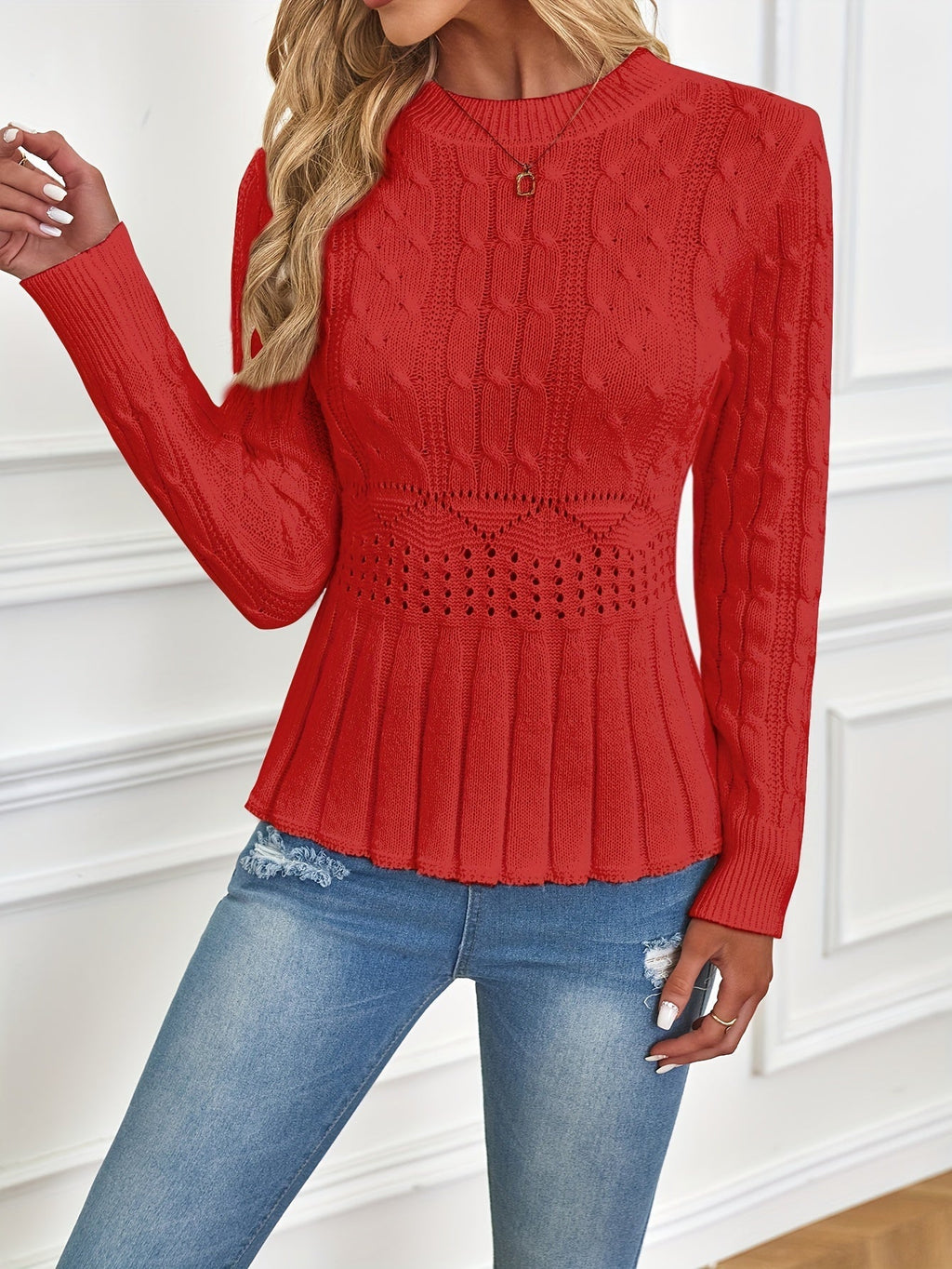 Manon Cable Knit Pointelle Peplum Sweater - view 2