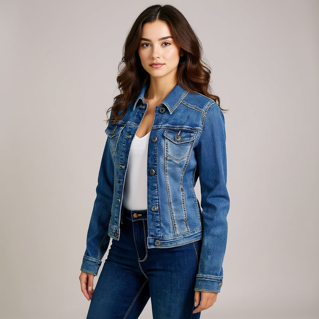 Clemence | Trim Cropped Button Front Denim Jacket for Women