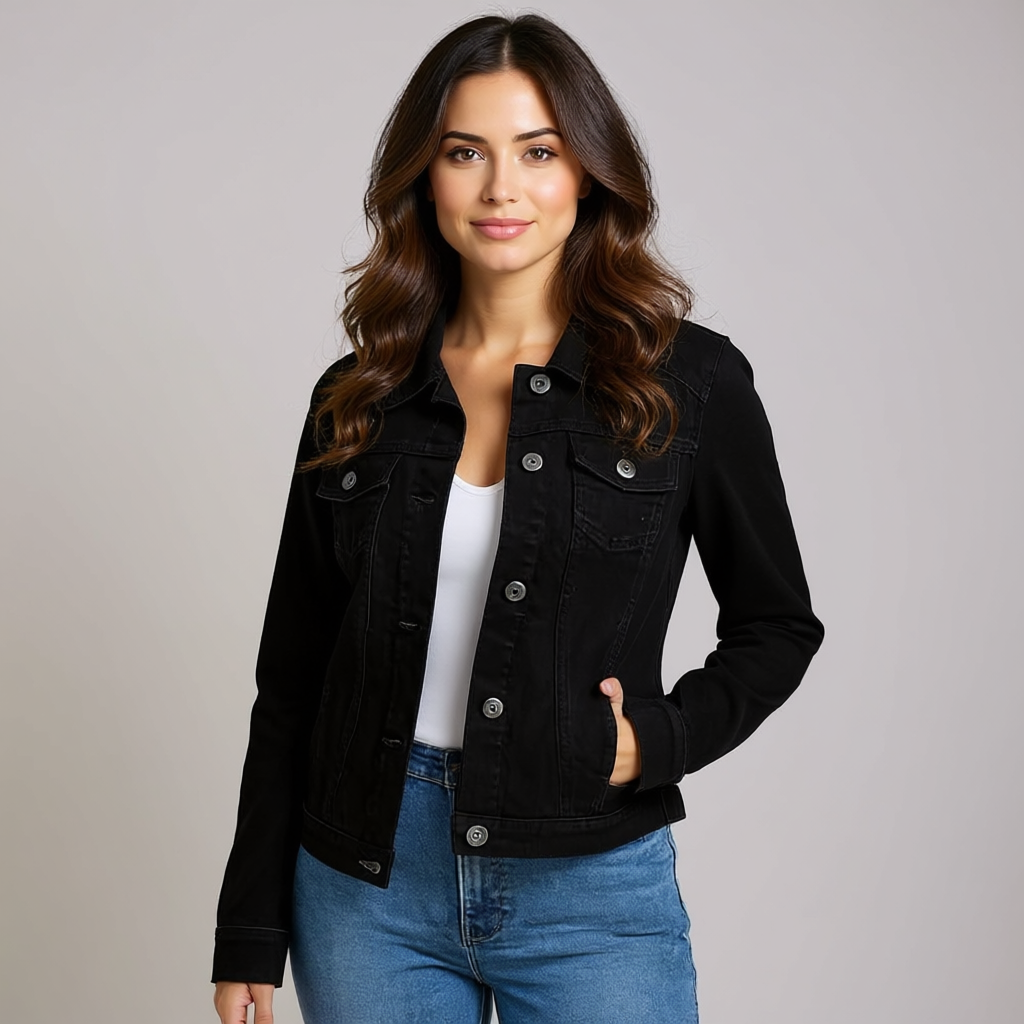 Clemence | Trim Cropped Button Front Denim Jacket for Women