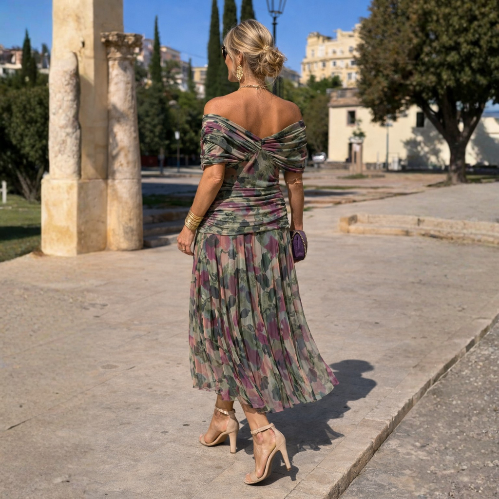 Women's Gathered V-Neck Midi Dress with Flutter Sleeves