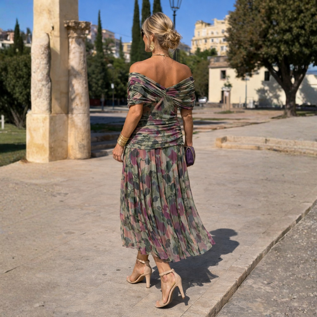Women's Gathered V-Neck Midi Dress with Flutter Sleeves