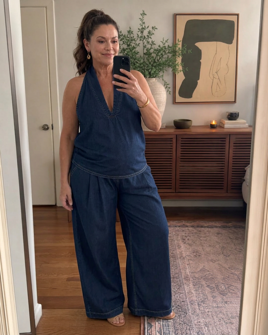 Opaline | Halter Neck Denim Top And Wide Leg Pants Set