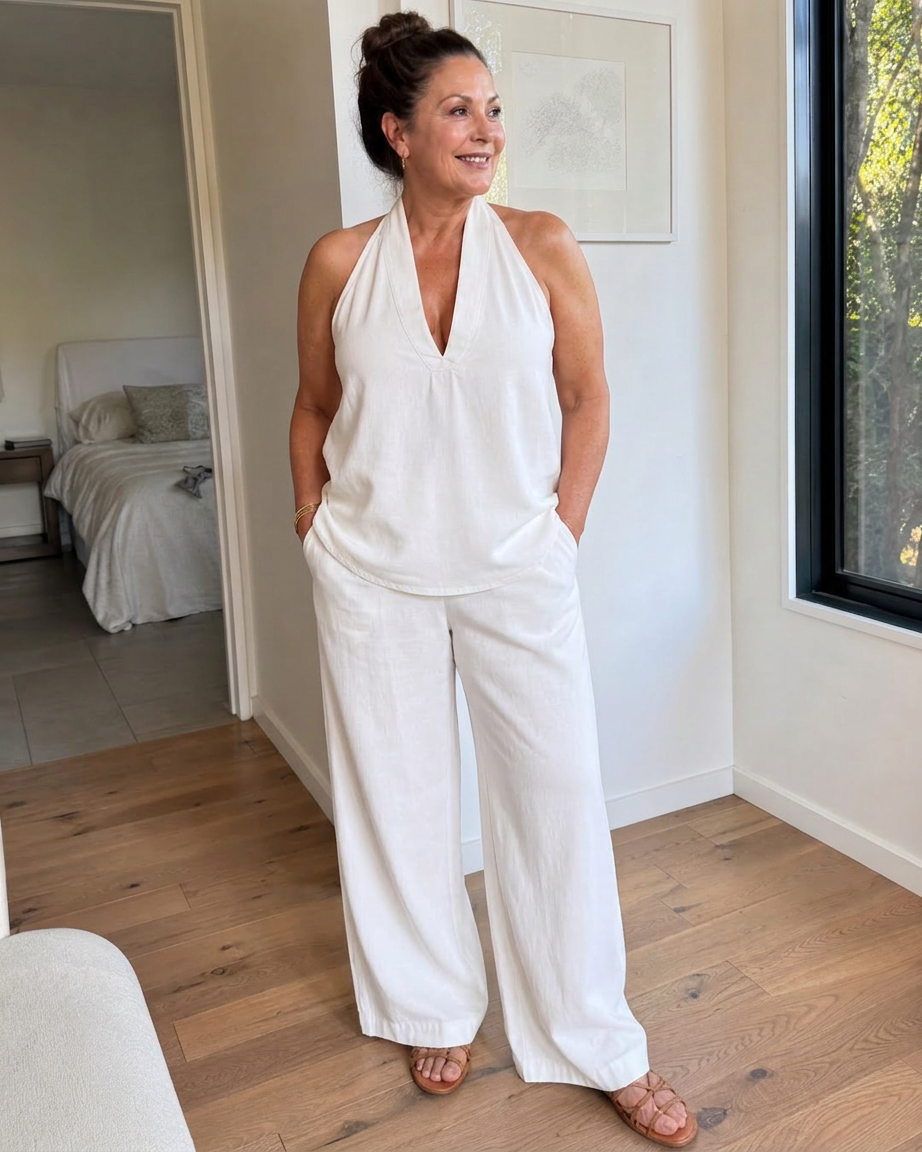 Opaline | Halter Neck Denim Top And Wide Leg Pants Set