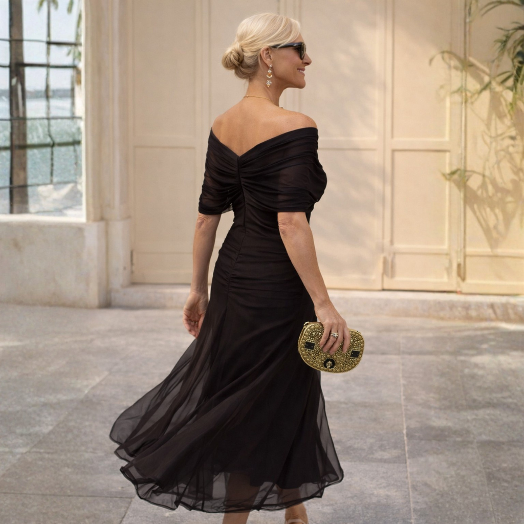Women's Gathered V-Neck Midi Dress with Flutter Sleeves