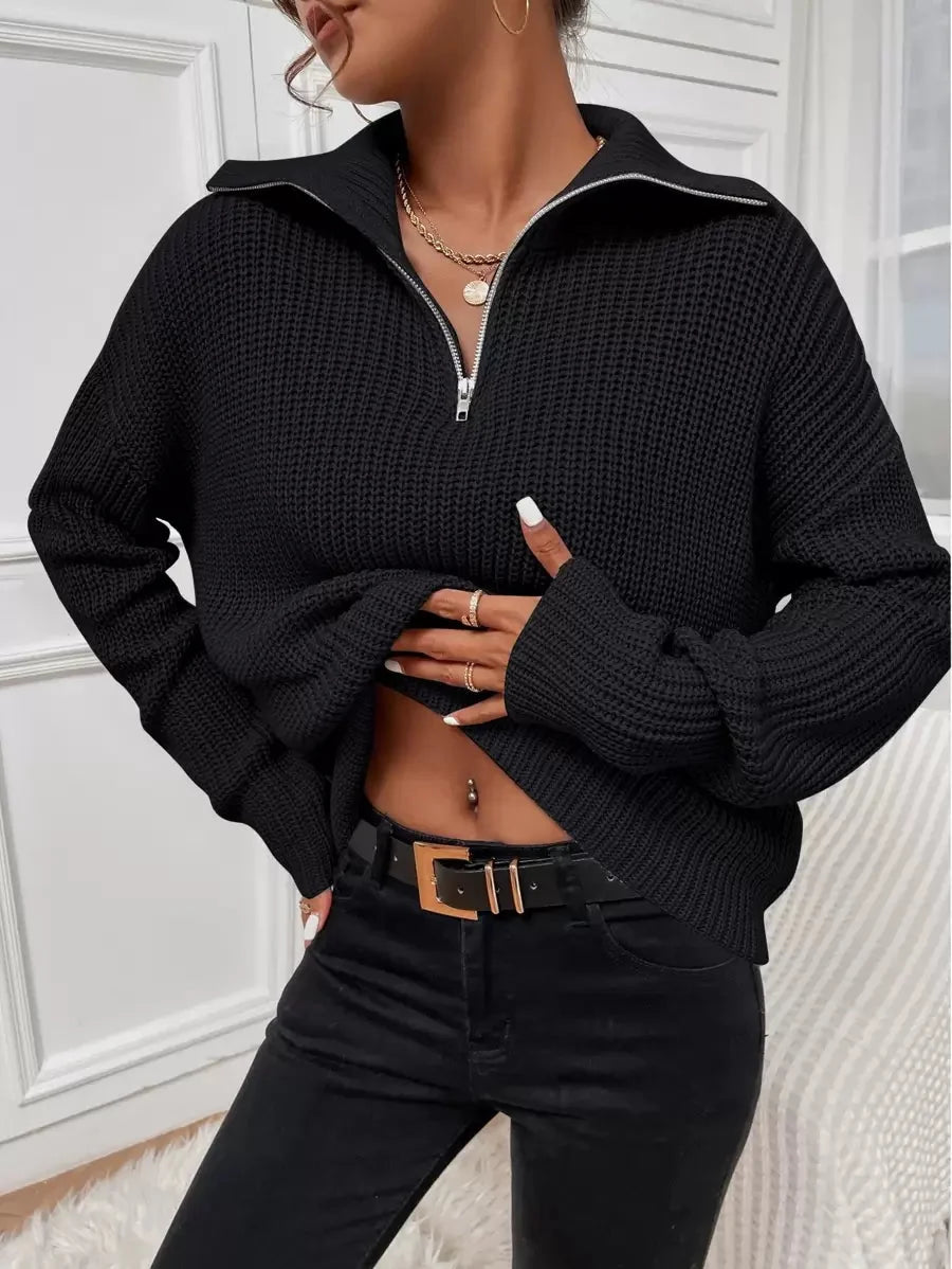 Harper Ribbed Half Zip Drop Shoulder Sweater - front view