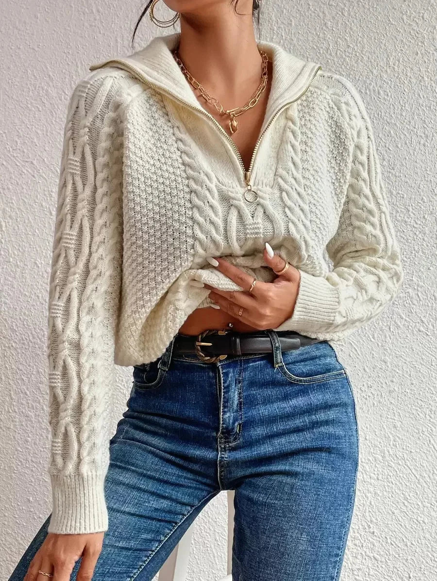 Evelyn Cable Knit Half Zip Collared Sweater - front view