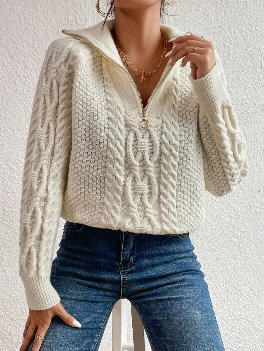 Evelyn Cable Knit Half Zip Collared Sweater - view 3