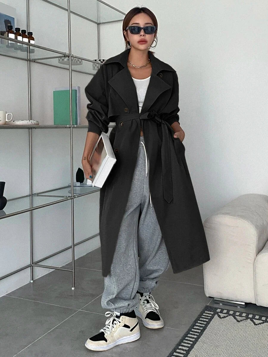 Nora Oversized Longline Belted Collared Trench Coat - front view