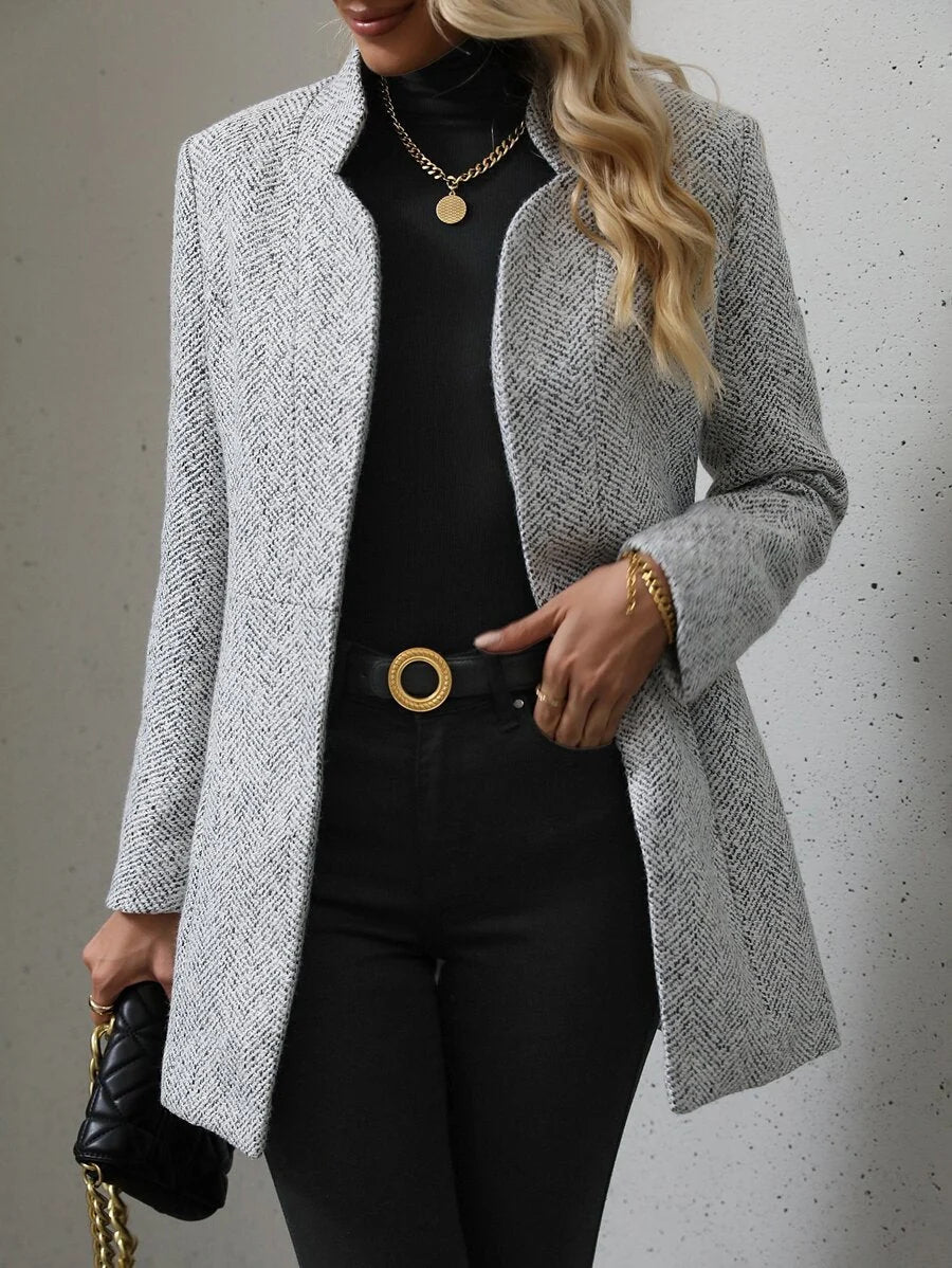 Eva Textured Open Front Collared Longline Overcoat - front view