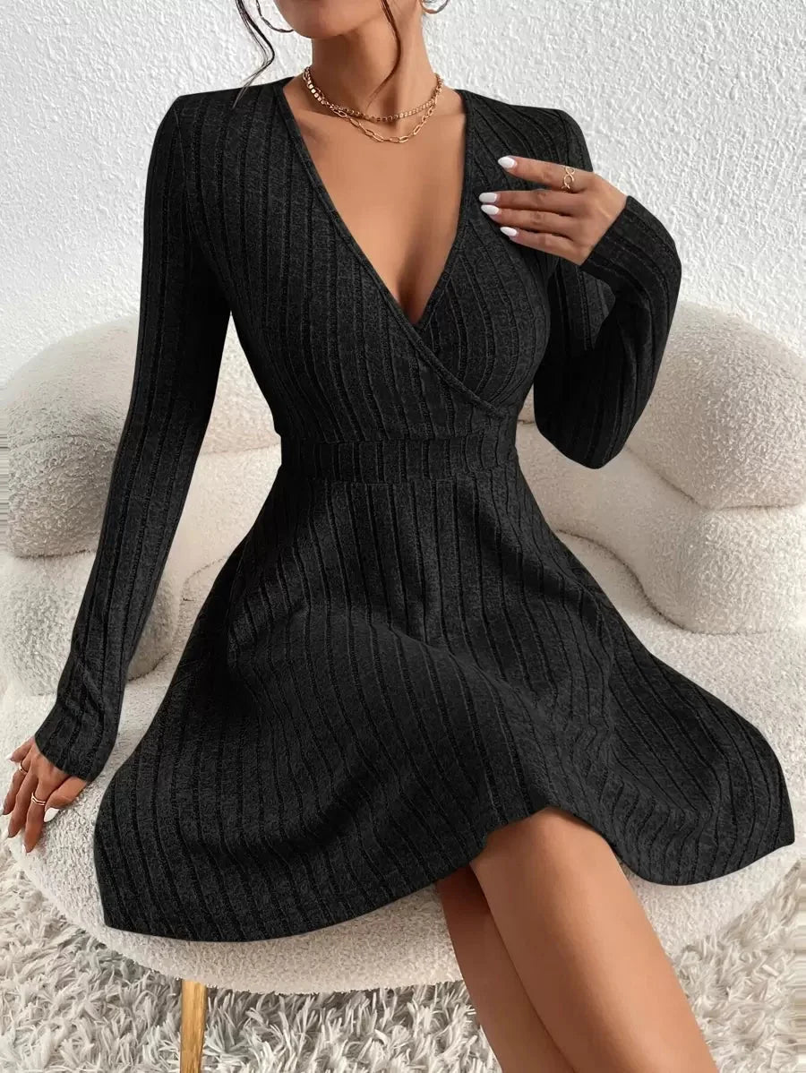 Capucine Ribbed V Neck Mini Dress - front view