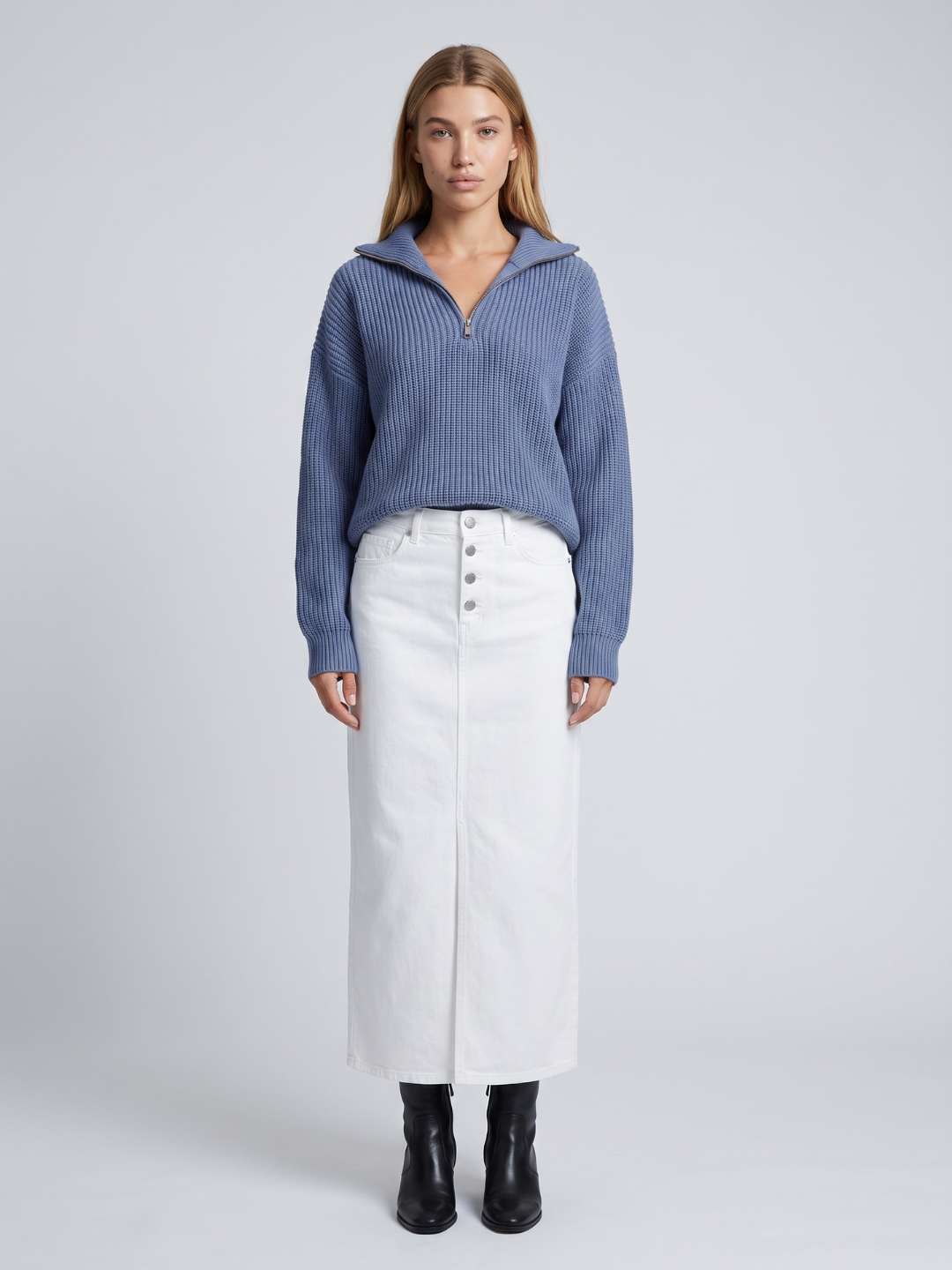 Alba Half Zip Ribbed Funnel Neck Sweater - front view