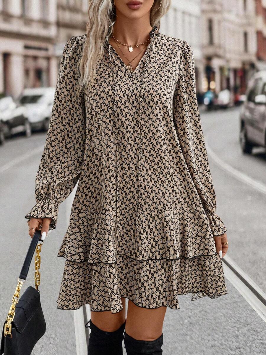 Delilah Flare Sleeve Ruffle Hem Smock Dress - front view