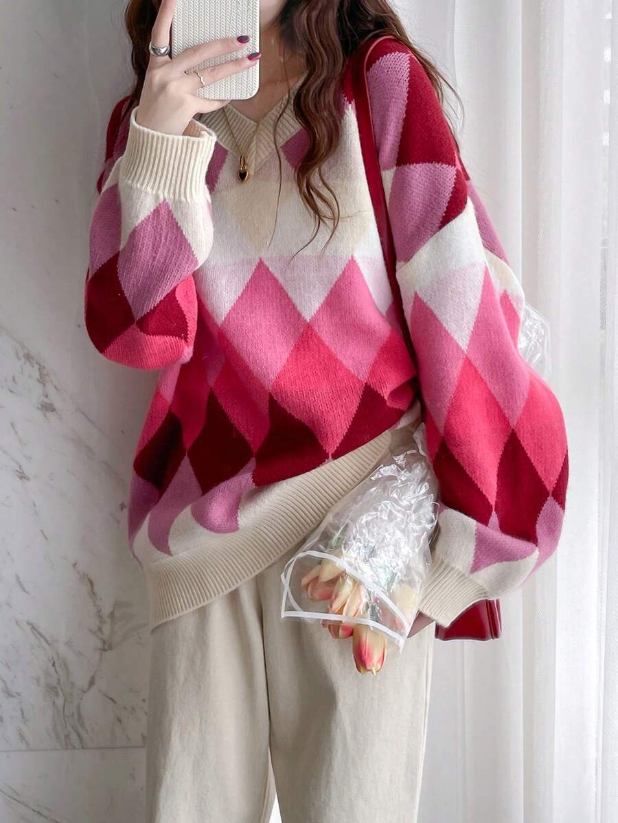 Hanna Argyle Slouchy Drop Shoulder Sweater - view 3