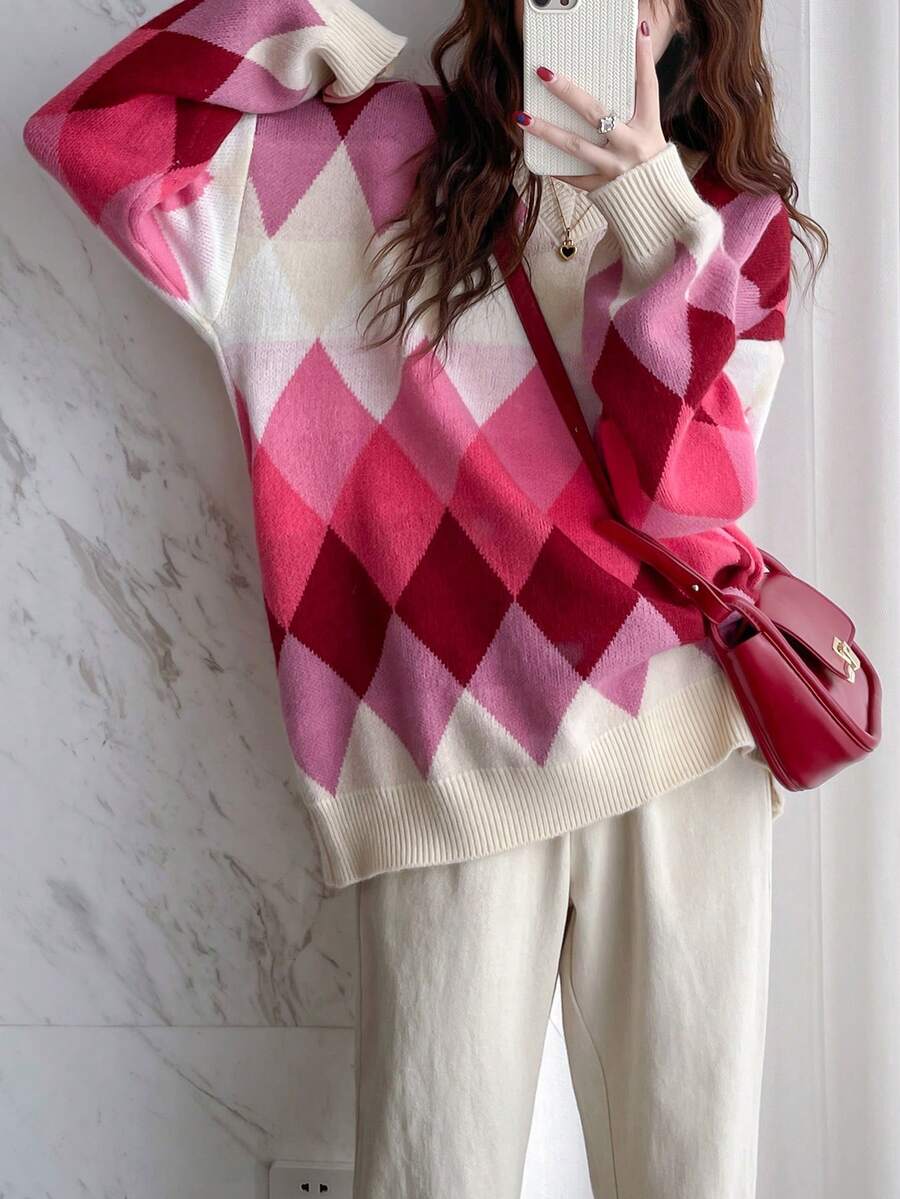 Hanna Argyle Slouchy Drop Shoulder Sweater - view 4