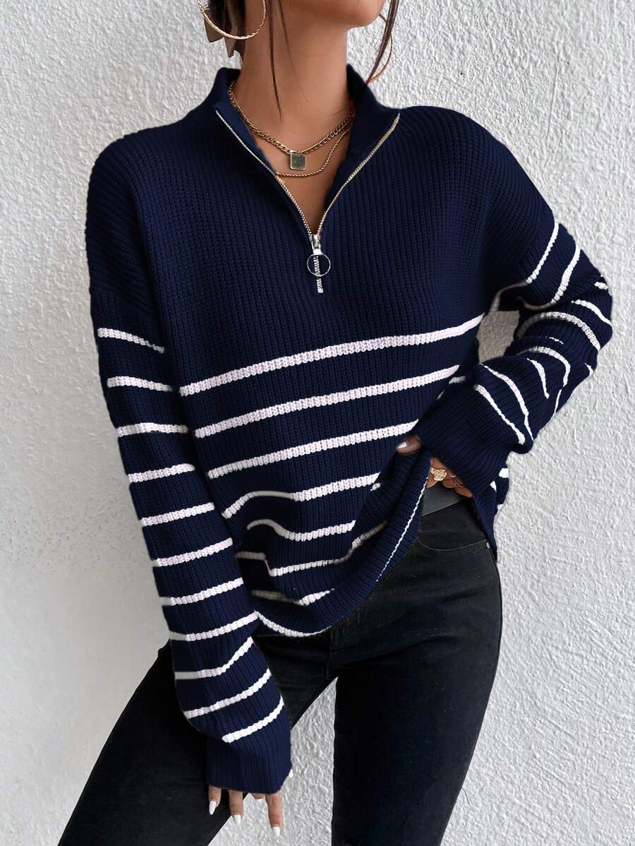 Grace Ribbed Striped Half Zip Collared Sweater - view 5