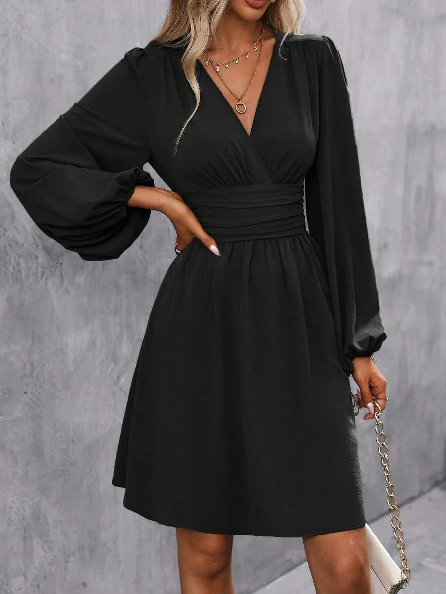 Vivian V Neck Ruched A Line Dress - front view