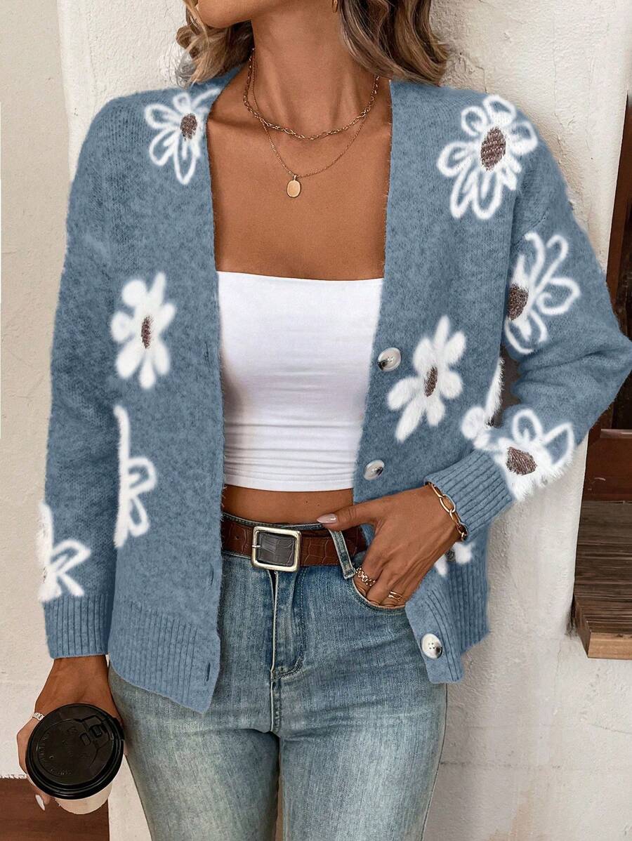 Chiara Floral Print Button Front Cardigan - front view