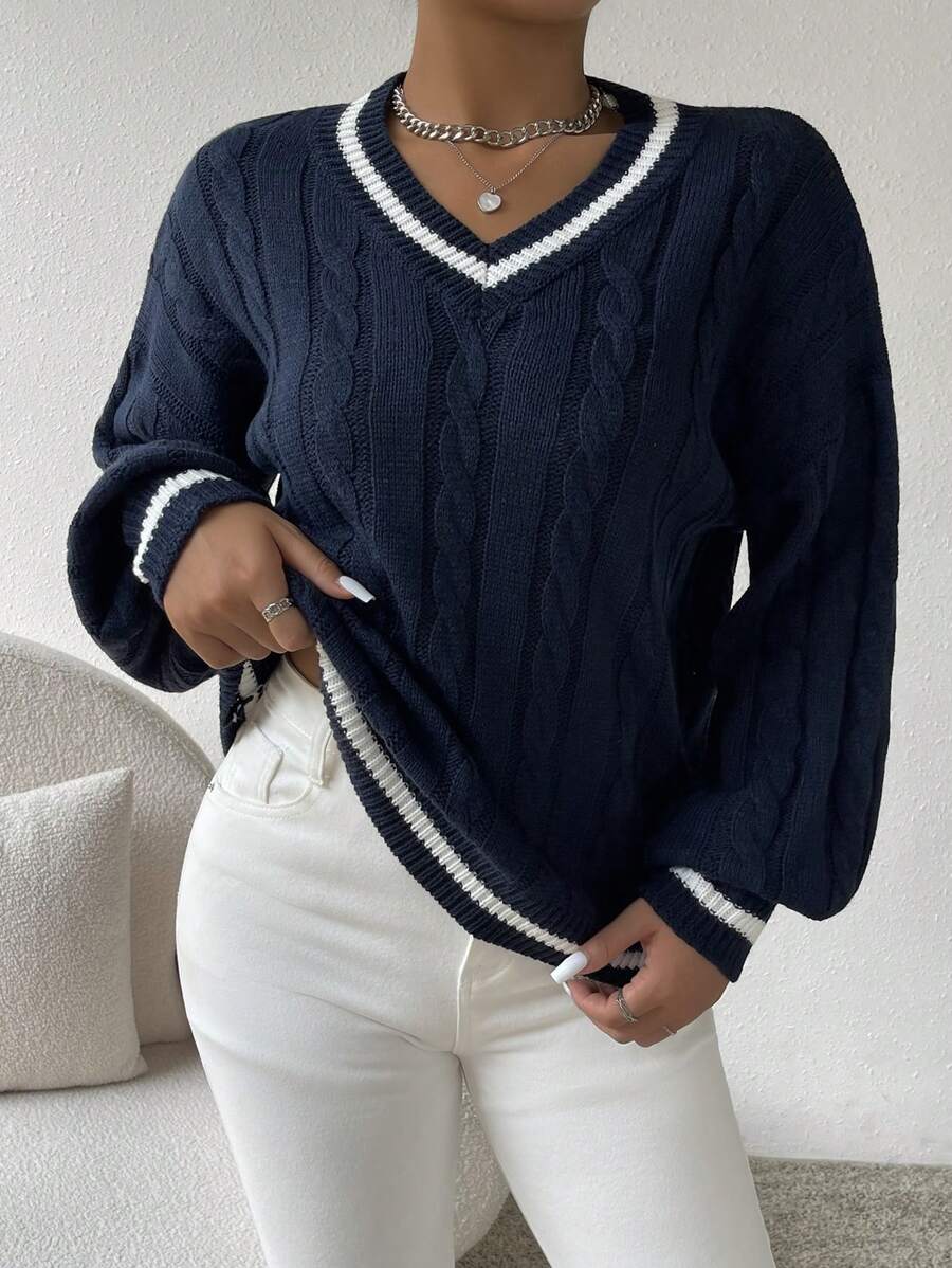 Bianca Cable Knit Striped V Neck Sweater - front view