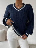 Bianca Cable Knit Striped V Neck Sweater - front view