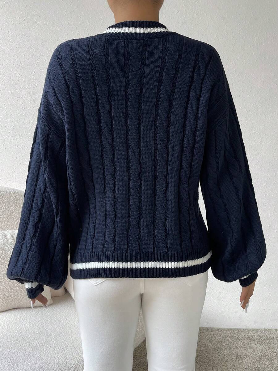 Bianca Cable Knit Striped V Neck Sweater - view 2