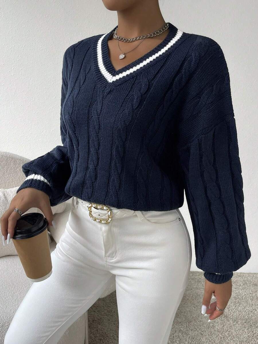 Bianca Cable Knit Striped V Neck Sweater - view 3