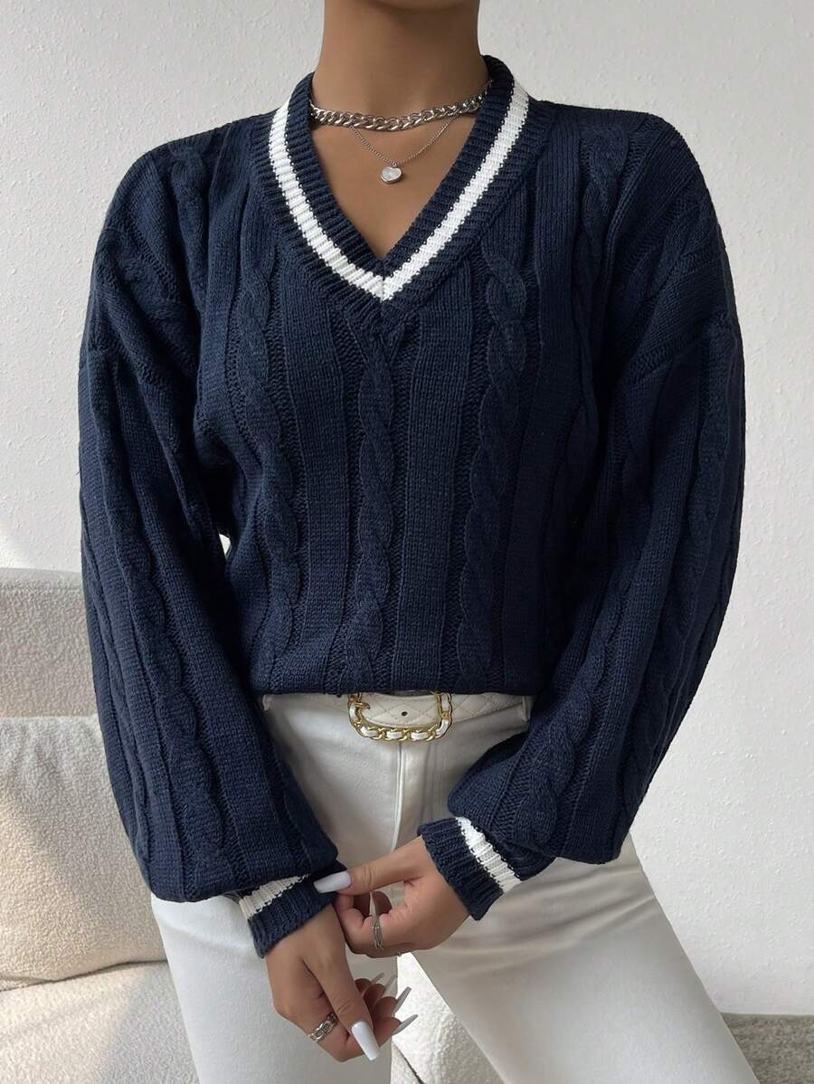 Bianca Cable Knit Striped V Neck Sweater - view 4
