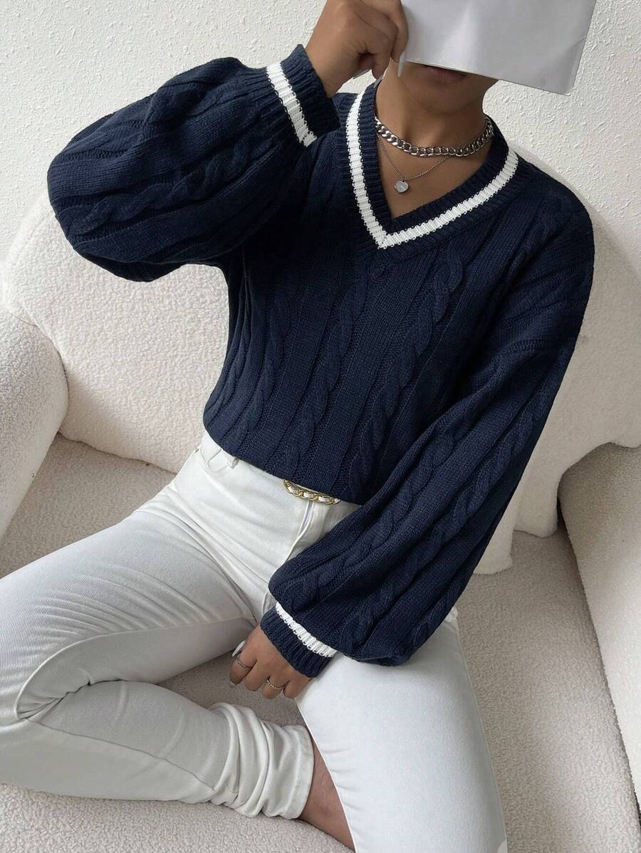 Bianca Cable Knit Striped V Neck Sweater - view 5
