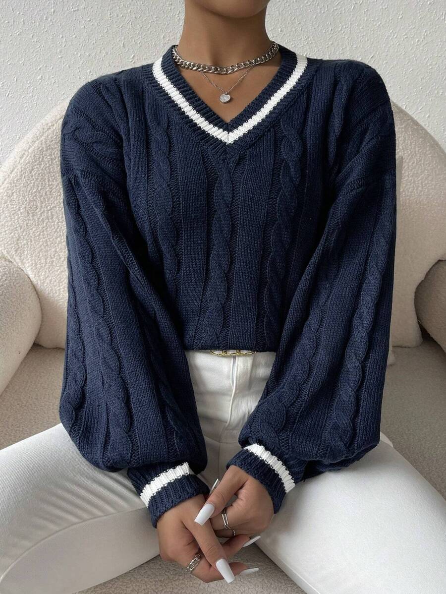 Bianca Cable Knit Striped V Neck Sweater - view 6