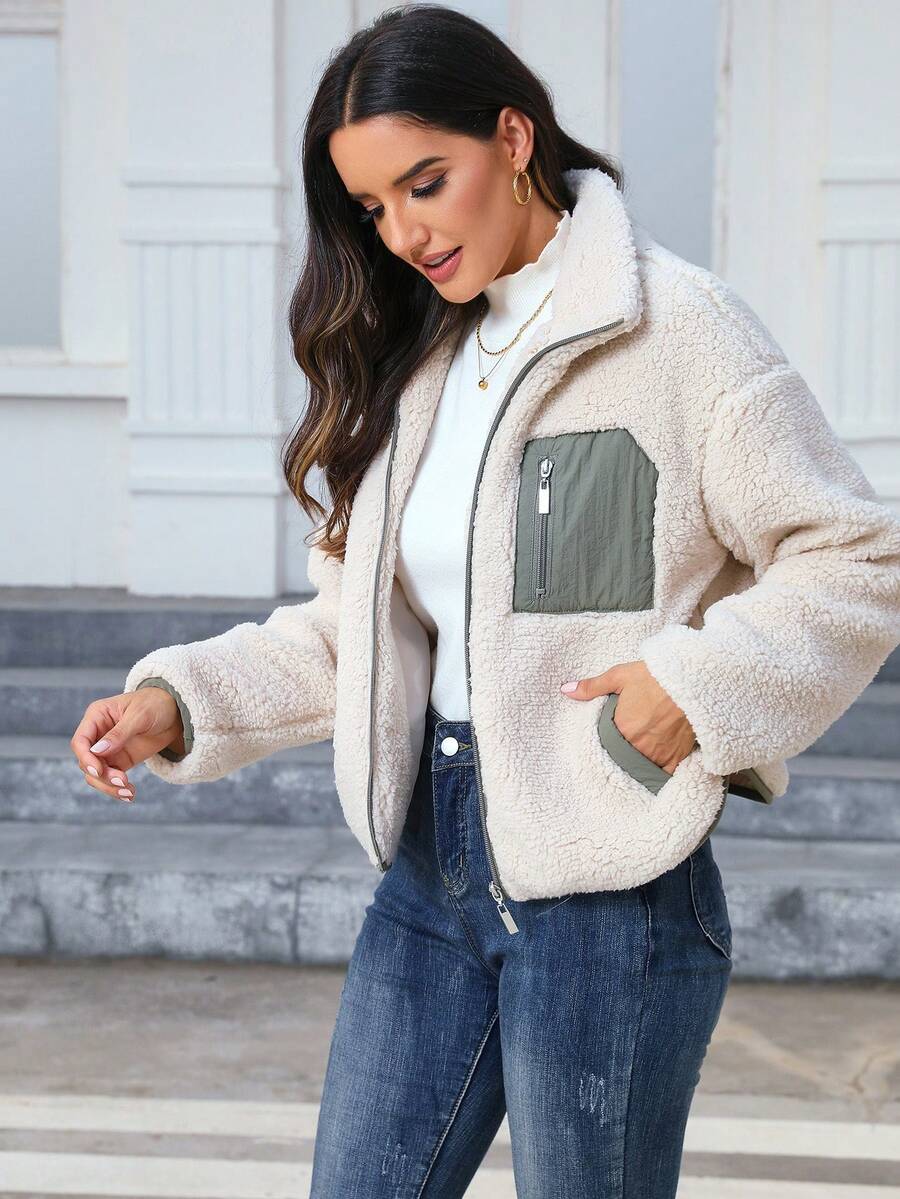 Elsa Contrast Panel Zip Front Puffer Jacket - front view