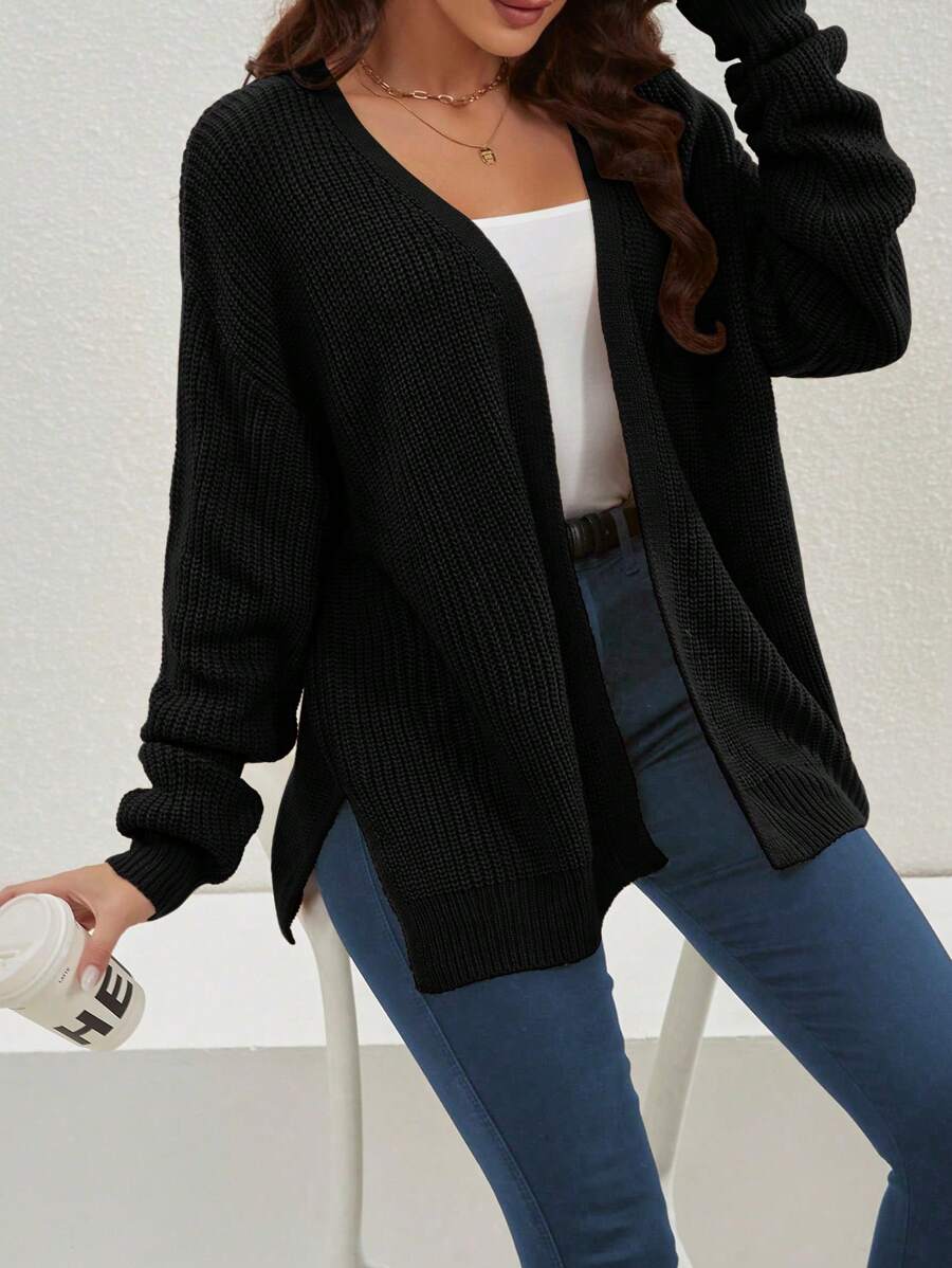 Willa | Rib-Knit Open-Front Cardigan With Side Slits