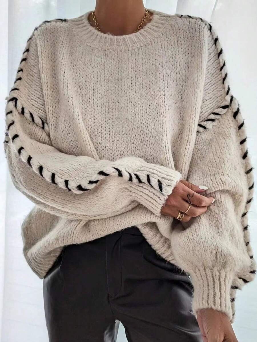 Celia Chunky Knit Contrast Panel Sweater - front view