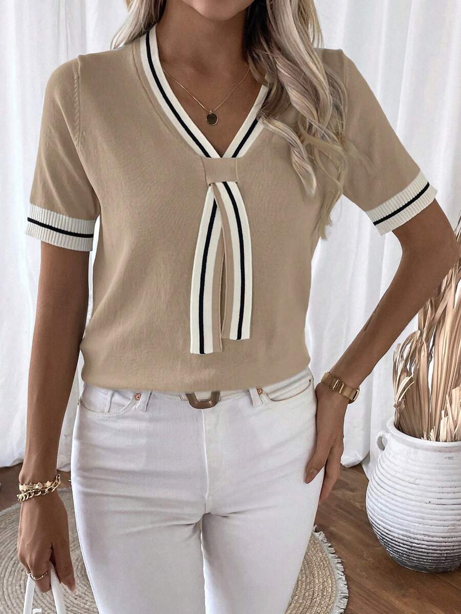 Fleur Contrast Panel V Neck Sweater - view 5