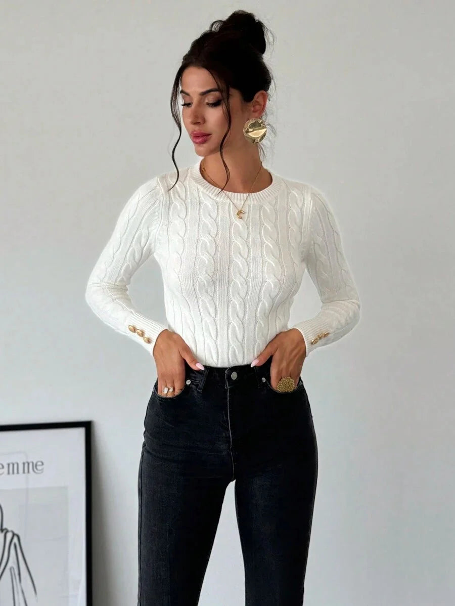 Tabitha Cable Knit Round Neck Sweater - front view