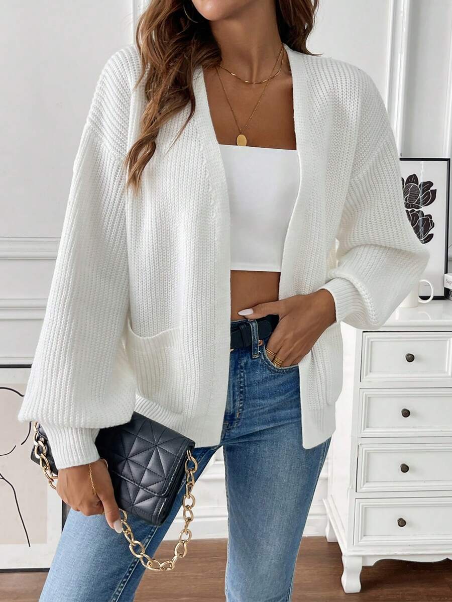 Rose Open Front Patch Pocket Cropped Cardigan - front view