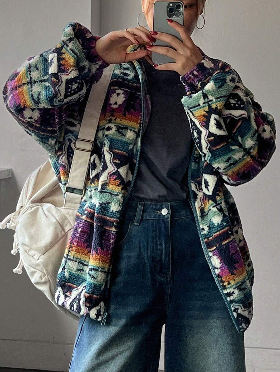 Lena Oversized Aztec Print Jacket - front view