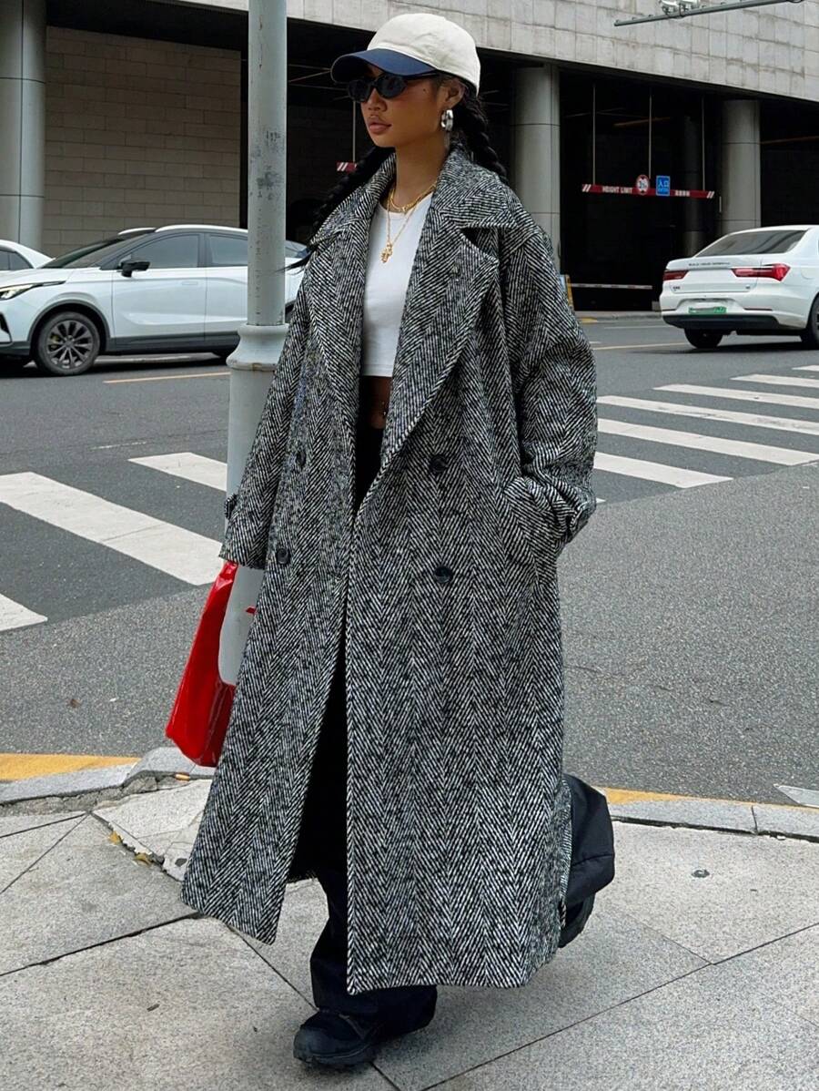 Aurore Herringbone Double Breasted Longline Overcoat - front view