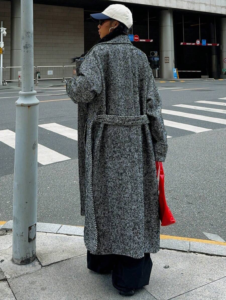 Aurore Herringbone Double Breasted Longline Overcoat - view 2