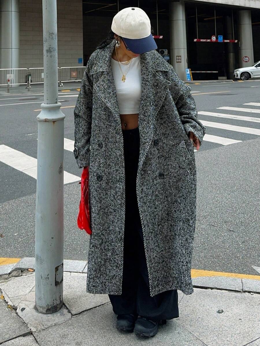 Aurore Herringbone Double Breasted Longline Overcoat - view 3
