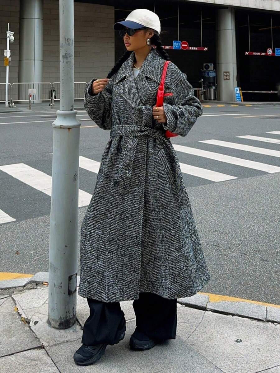 Aurore Herringbone Double Breasted Longline Overcoat - view 4
