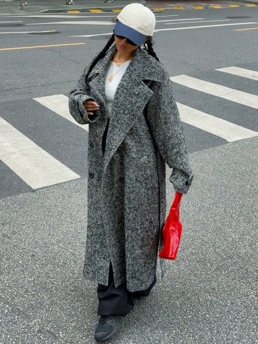 Aurore Herringbone Double Breasted Longline Overcoat - view 5