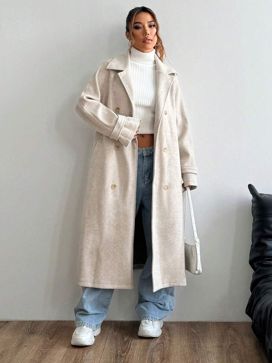 Indie Belted Collared Loose Fit Longline Overcoat - front view