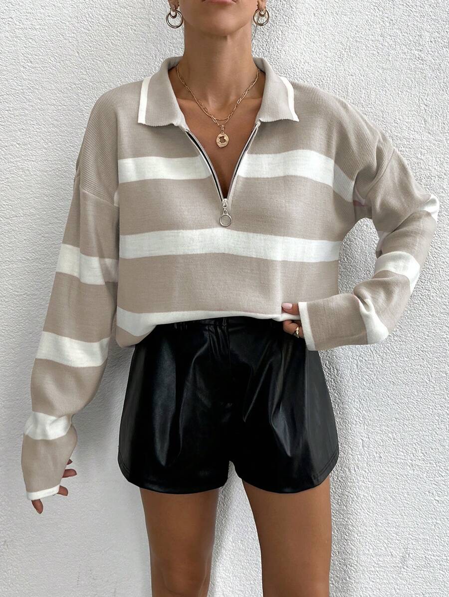 Ella Striped Half Zip Drop Shoulder Sweater - front view