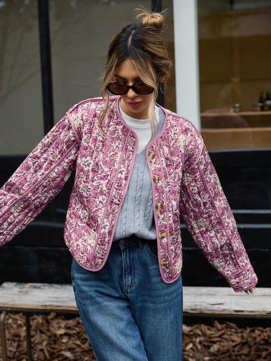 Rose Quilted Contrast Panel Floral Print Jacket - view 3