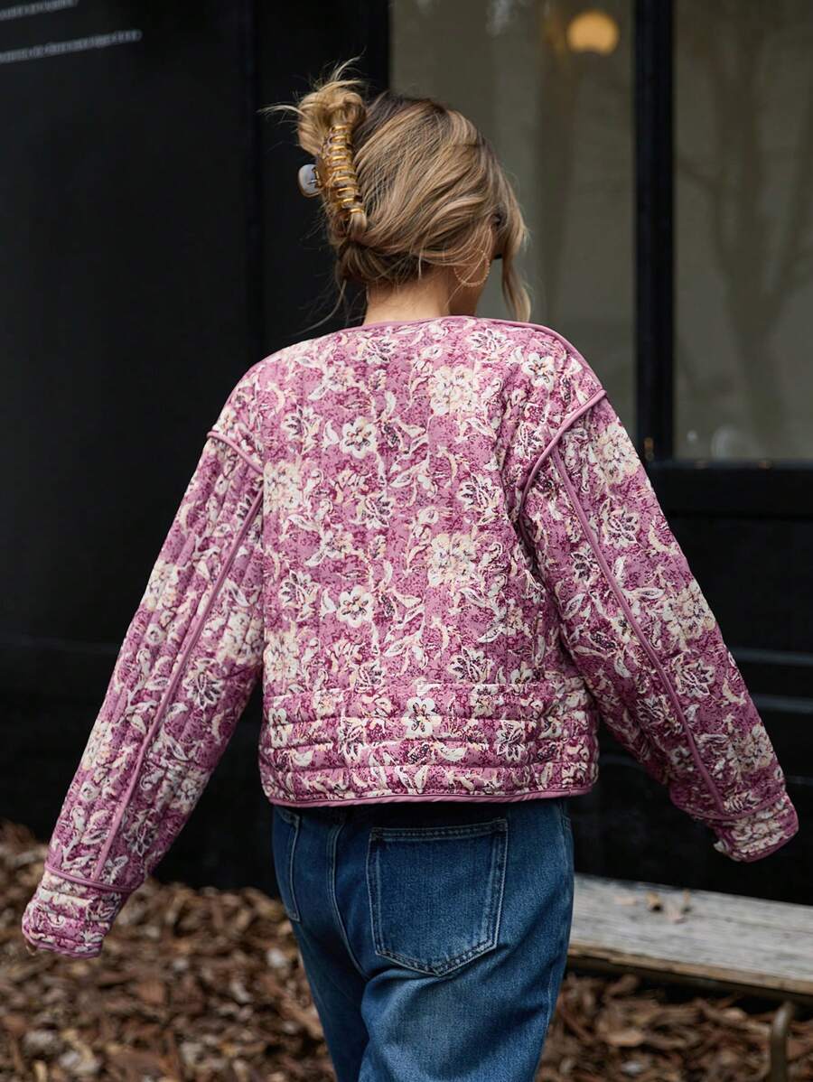 Rose Quilted Contrast Panel Floral Print Jacket - view 2
