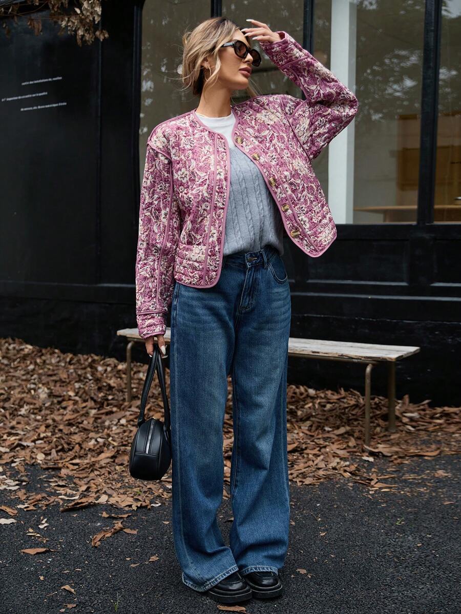 Rose Quilted Contrast Panel Floral Print Jacket - front view