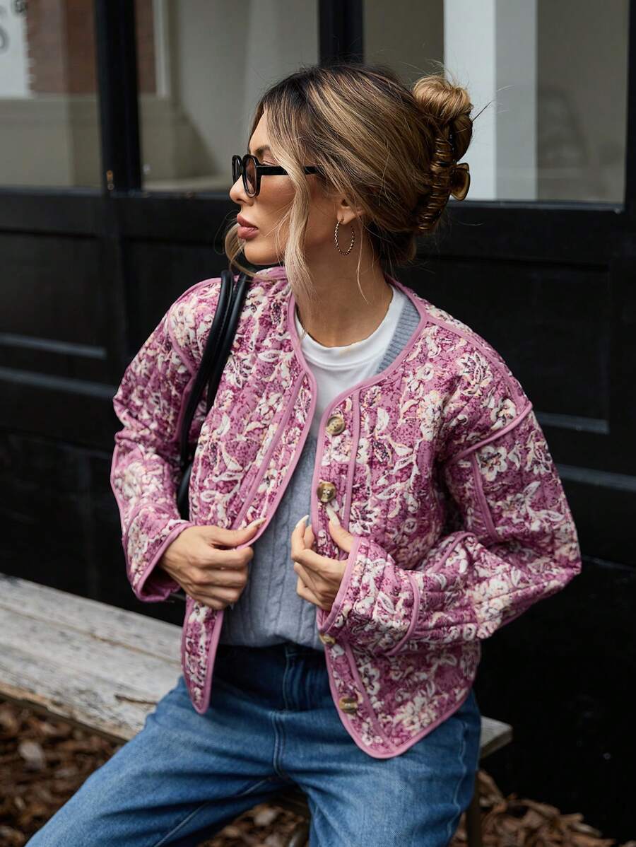 Rose Quilted Contrast Panel Floral Print Jacket - view 4