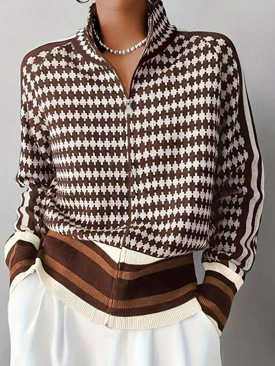 Zara Houndstooth Zip Front Stand Collar Cardigan - front view