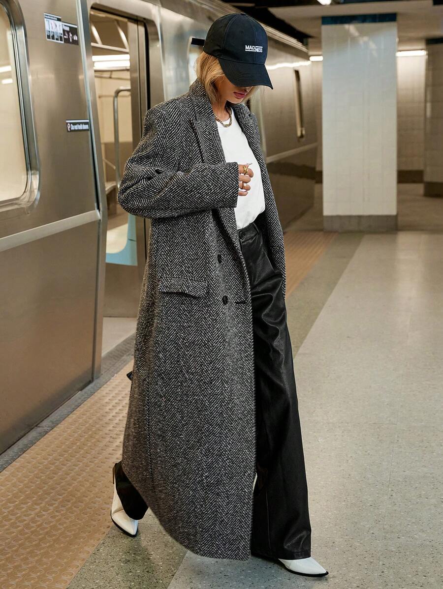 Cleo Herringbone Oversized Notch Lapel Longline Overcoat - view 4